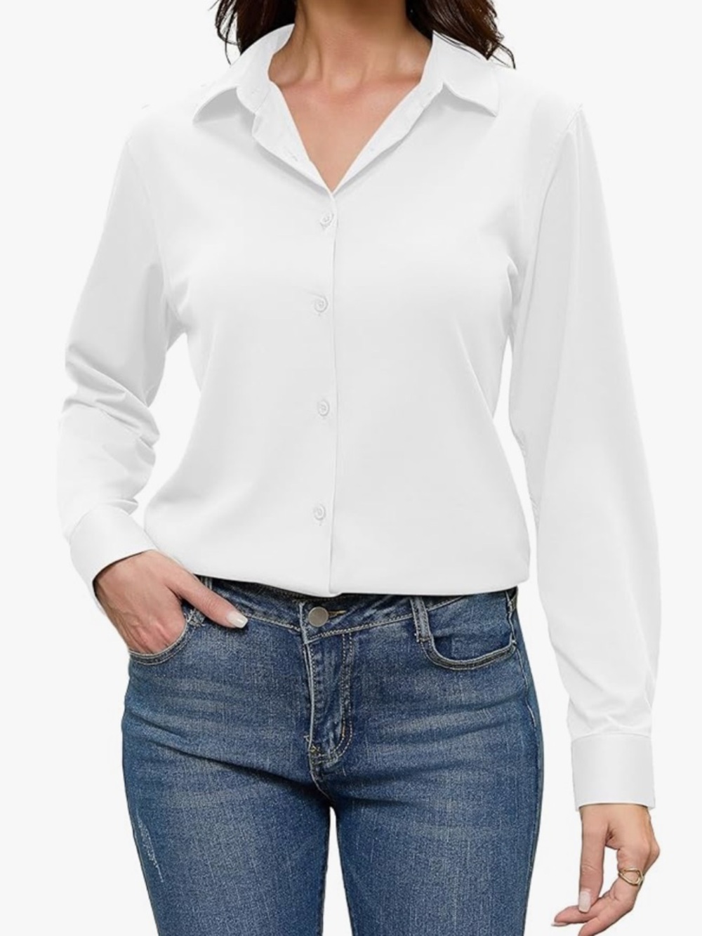 Womens White Button Down Shirts with 2.4% Mulberry Silk Long Sleeve Blouse